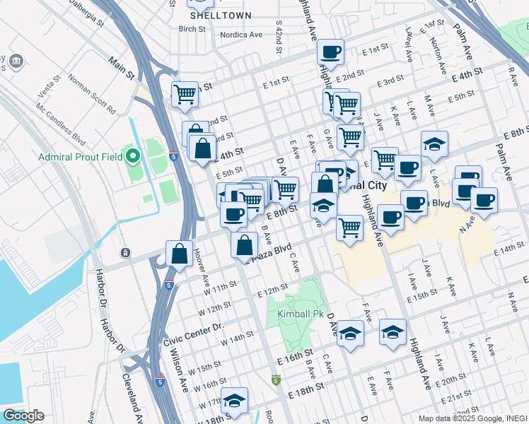 map of restaurants, bars, coffee shops, grocery stores, and more near 130 East 8th Street in National City
