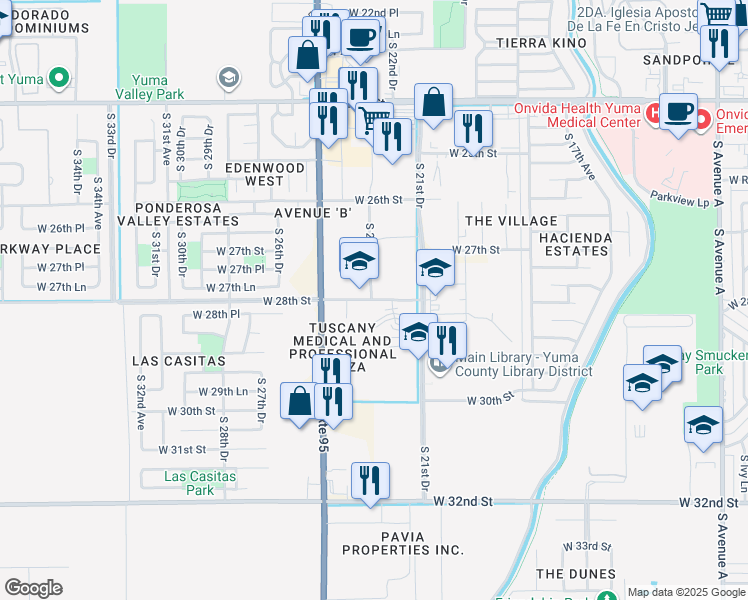 map of restaurants, bars, coffee shops, grocery stores, and more near 2330 West 28th Street in Yuma