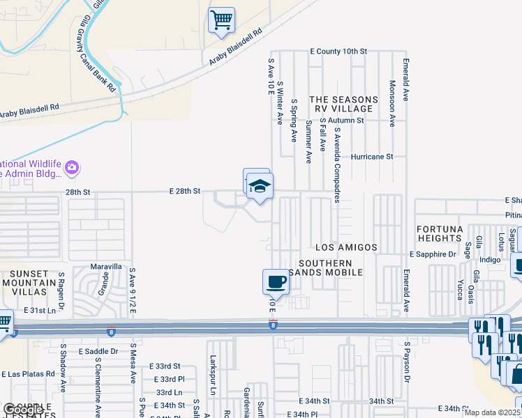 map of restaurants, bars, coffee shops, grocery stores, and more near 9851 East 28th Street in Yuma