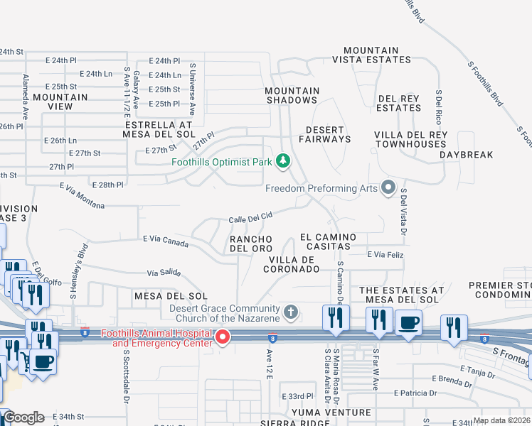 map of restaurants, bars, coffee shops, grocery stores, and more near 10586 Calle Raquel in Yuma