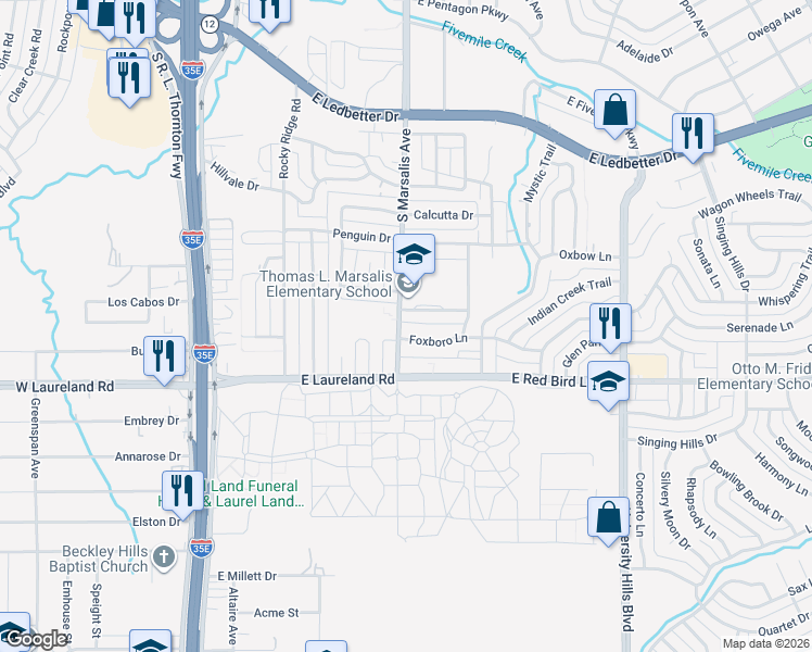 map of restaurants, bars, coffee shops, grocery stores, and more near 5712 South Marsalis Avenue in Dallas