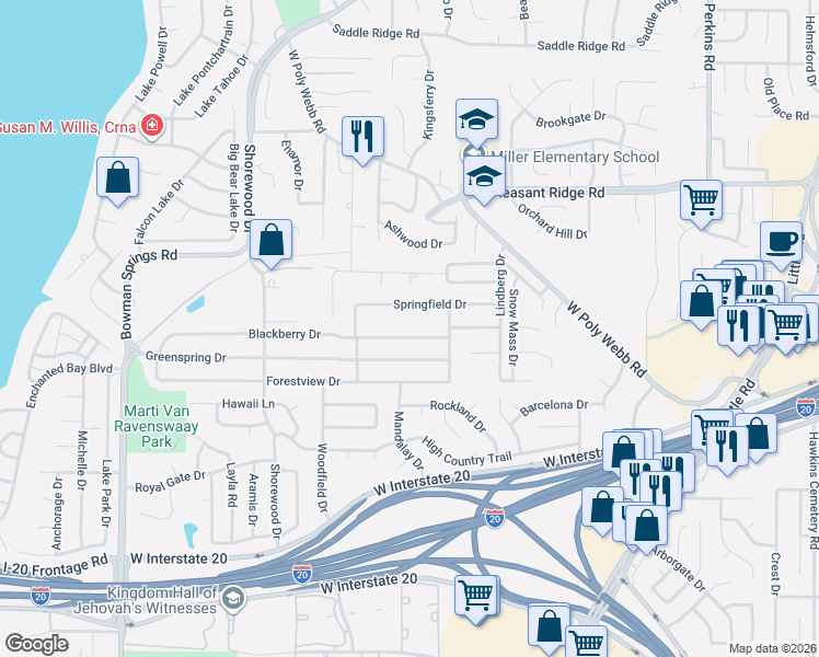 map of restaurants, bars, coffee shops, grocery stores, and more near 6516 Springfield Drive in Arlington