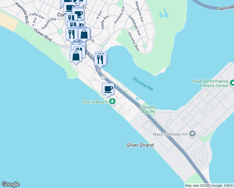 map of restaurants, bars, coffee shops, grocery stores, and more near 1770 Avenida Del Mundo in Coronado