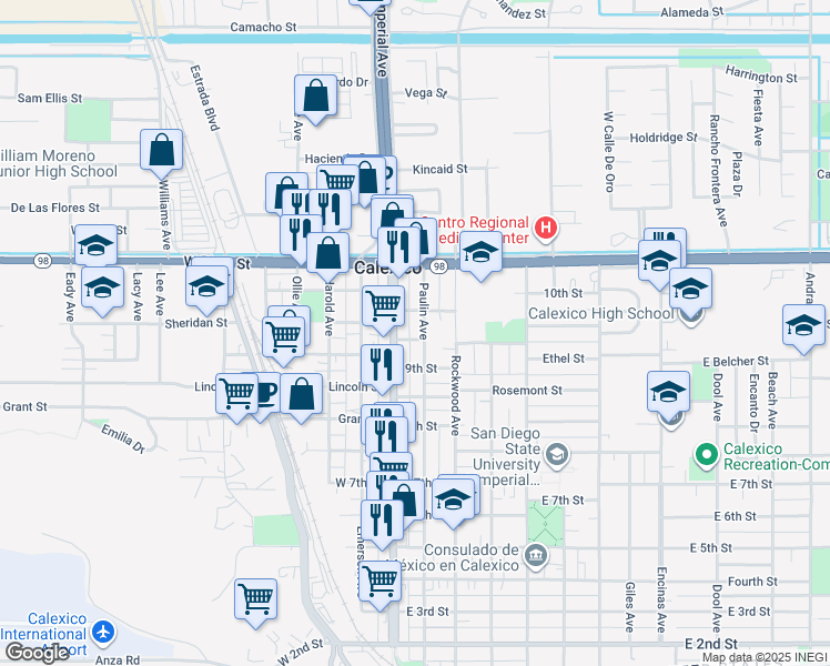 map of restaurants, bars, coffee shops, grocery stores, and more near 14 10th St in Calexico