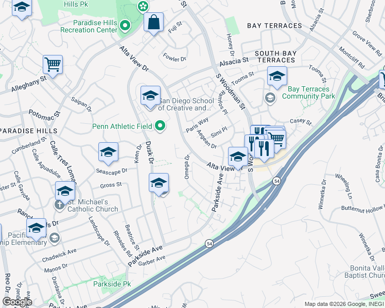 map of restaurants, bars, coffee shops, grocery stores, and more near 6950 Parkside Avenue in San Diego