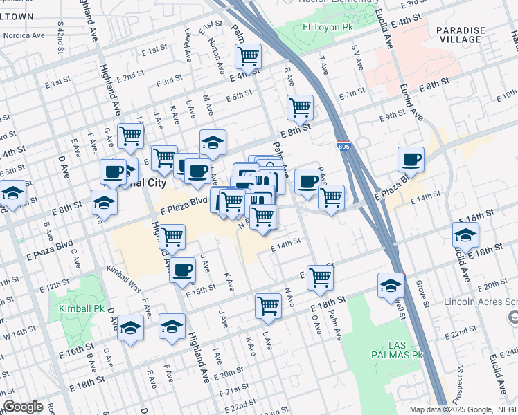 map of restaurants, bars, coffee shops, grocery stores, and more near 1455 East Plaza Boulevard in National City
