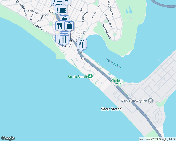 map of restaurants, bars, coffee shops, grocery stores, and more near 1768 Avenida Del Mundo in Coronado