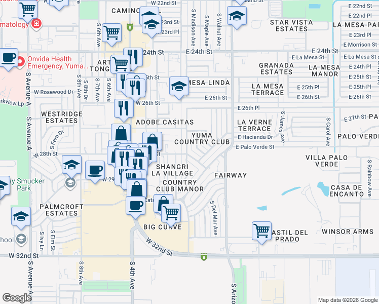 map of restaurants, bars, coffee shops, grocery stores, and more near 2753 South Madison Avenue in Yuma