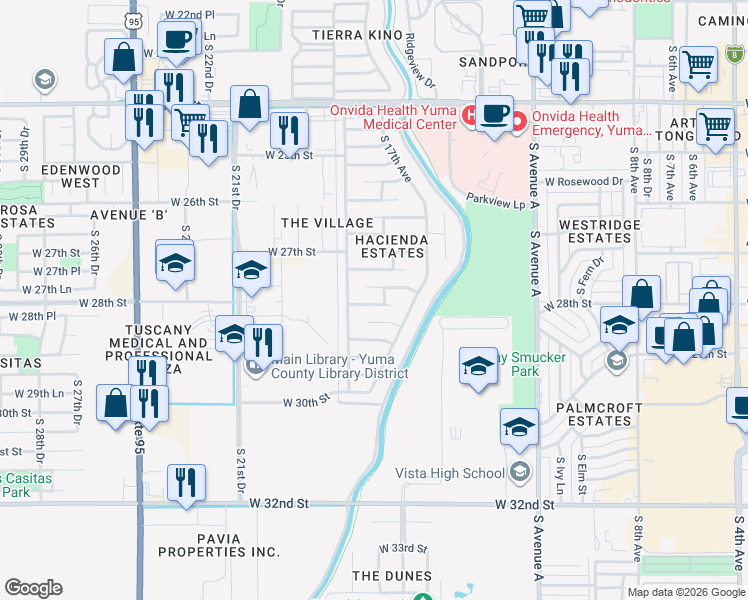 map of restaurants, bars, coffee shops, grocery stores, and more near 1786 W 27th Ln in Yuma