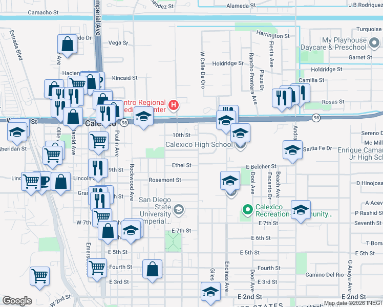 map of restaurants, bars, coffee shops, grocery stores, and more near 459 C K Clarke Street in Calexico