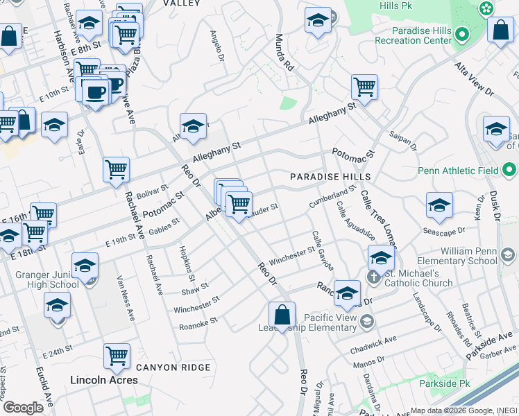 map of restaurants, bars, coffee shops, grocery stores, and more near 5965 Albemarle Street in San Diego