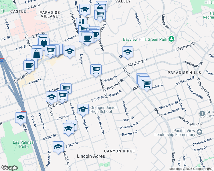 map of restaurants, bars, coffee shops, grocery stores, and more near 5527 Bolivar Street in San Diego