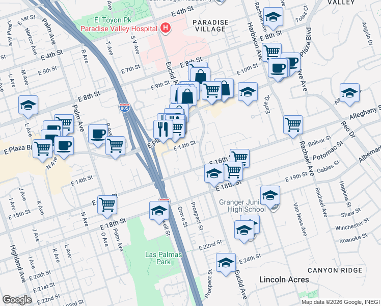 map of restaurants, bars, coffee shops, grocery stores, and more near 2323 East 14th Street in National City