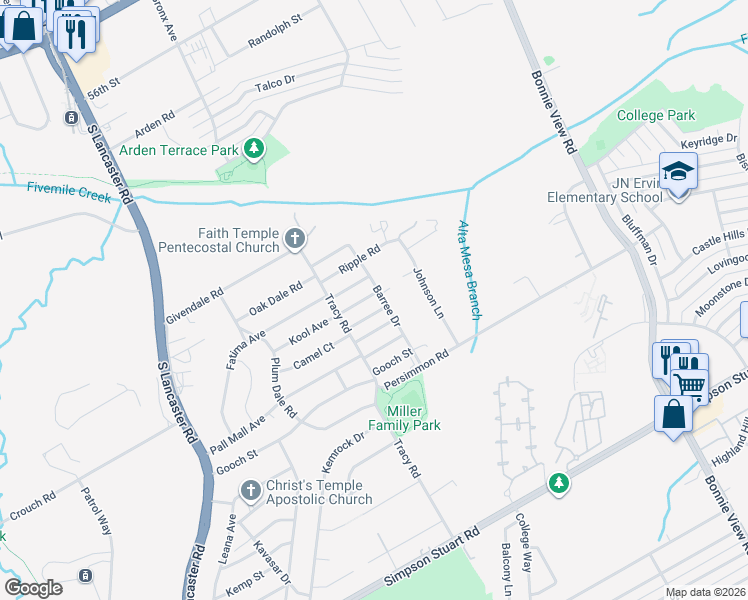 map of restaurants, bars, coffee shops, grocery stores, and more near 5500 Barree Drive in Dallas