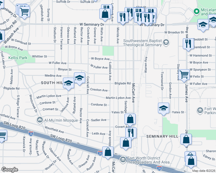 map of restaurants, bars, coffee shops, grocery stores, and more near 2716 Bilglade Road in Fort Worth
