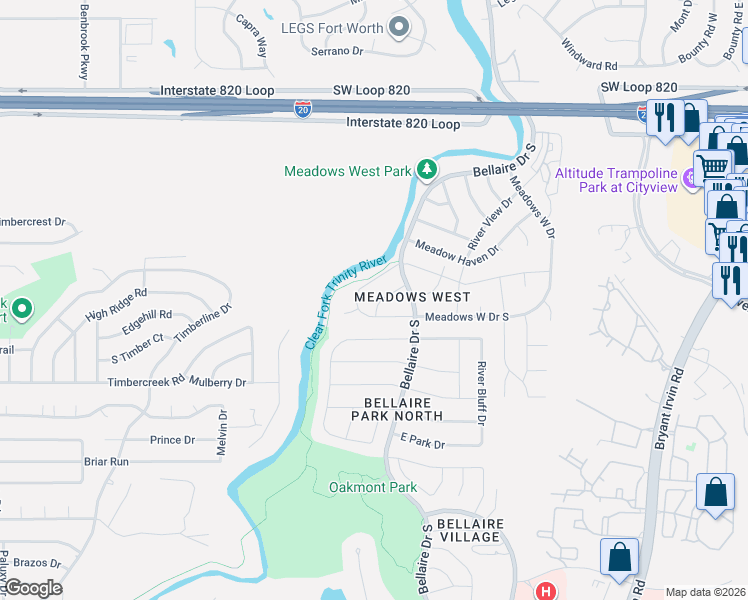 map of restaurants, bars, coffee shops, grocery stores, and more near 6809 River Bend Road in Fort Worth