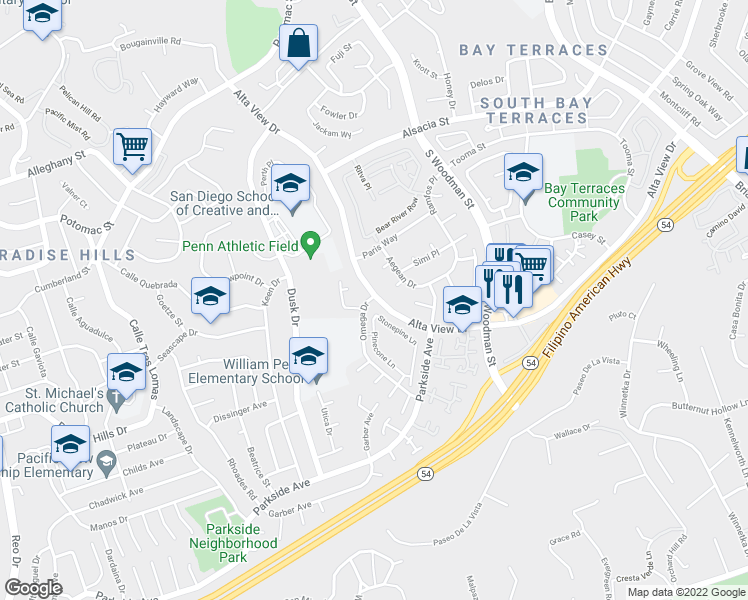 map of restaurants, bars, coffee shops, grocery stores, and more near 2655 Alta View Drive in San Diego