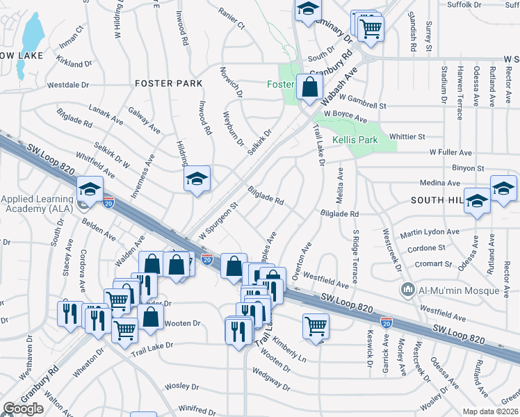 map of restaurants, bars, coffee shops, grocery stores, and more near 3812 Bilglade Road in Fort Worth