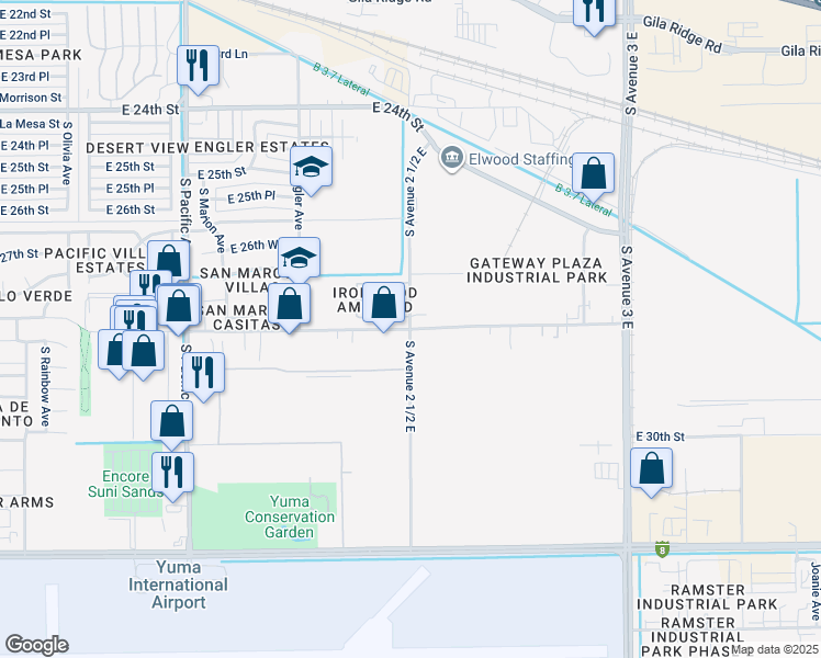 map of restaurants, bars, coffee shops, grocery stores, and more near 2481 East Palo Verde Street in Yuma