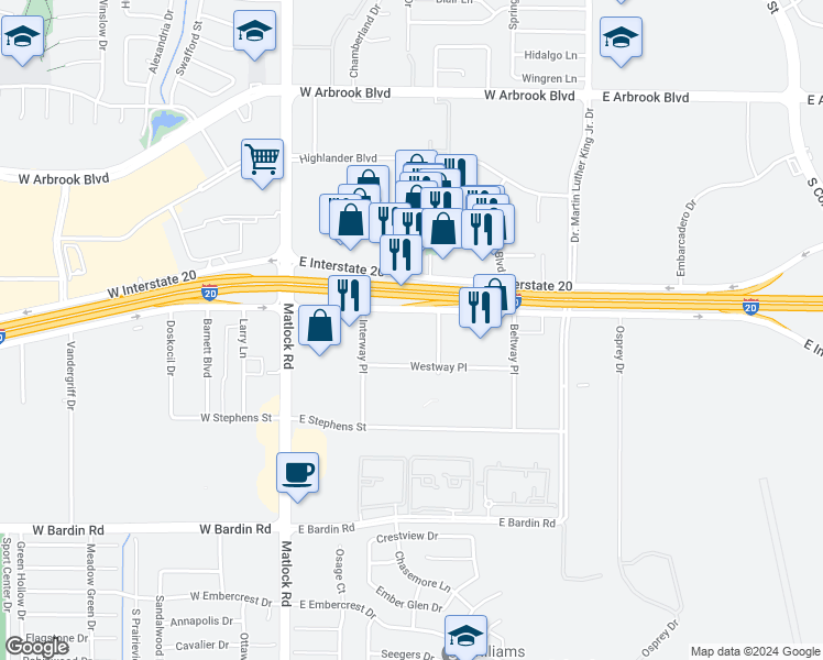 map of restaurants, bars, coffee shops, grocery stores, and more near 4300 Centreway Place in Arlington