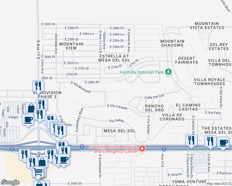 map of restaurants, bars, coffee shops, grocery stores, and more near 11597 East Vía Montana in Yuma