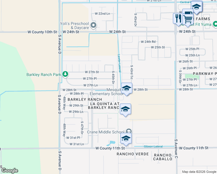 map of restaurants, bars, coffee shops, grocery stores, and more near 4606 West 27th Lane in Yuma