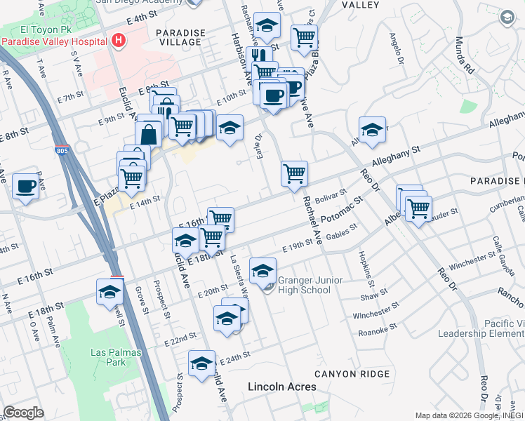 map of restaurants, bars, coffee shops, grocery stores, and more near 3008 East 16th Street in National City