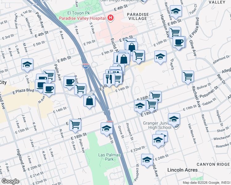 map of restaurants, bars, coffee shops, grocery stores, and more near 2210 East Plaza Boulevard in National City