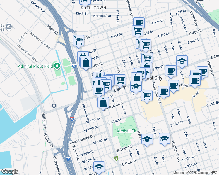 map of restaurants, bars, coffee shops, grocery stores, and more near 203 East 7th Street in National City