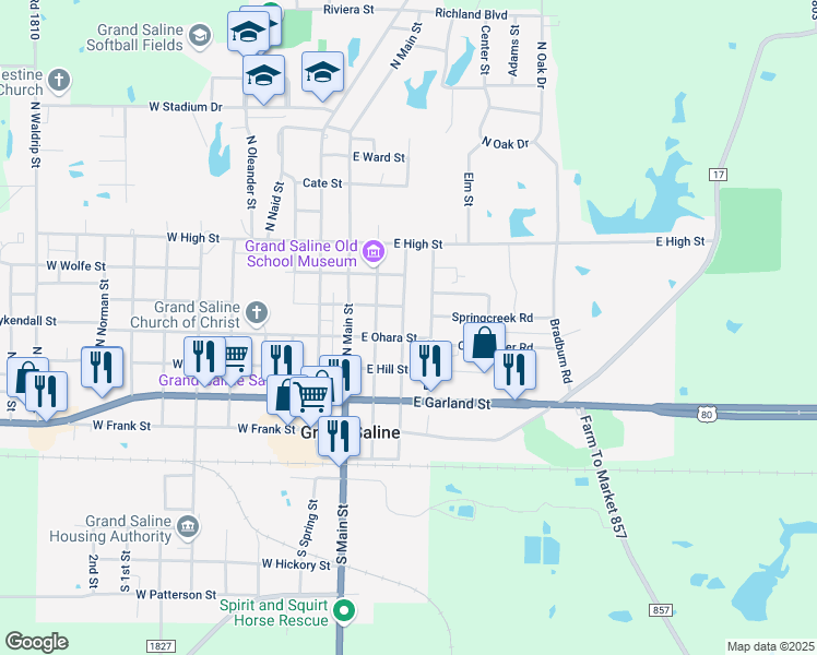 map of restaurants, bars, coffee shops, grocery stores, and more near 515 North Saline Street in Grand Saline