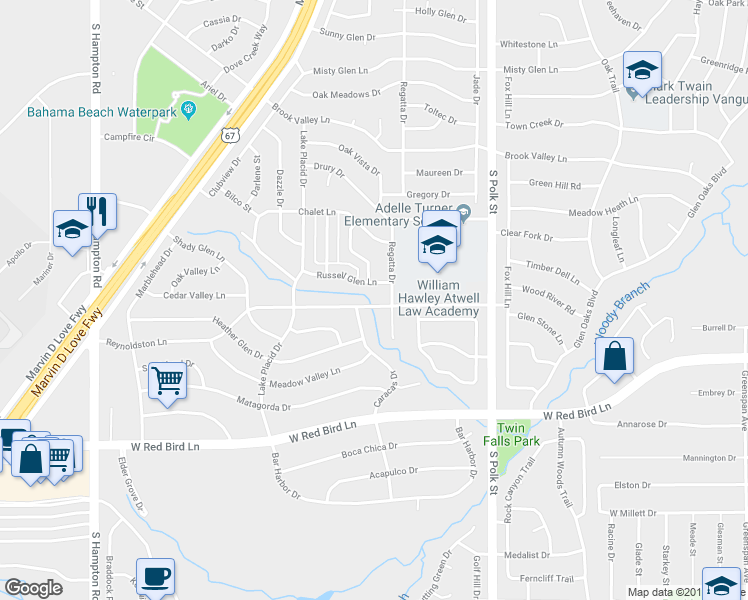 map of restaurants, bars, coffee shops, grocery stores, and more near 1406 Russell Glen Lane in Dallas