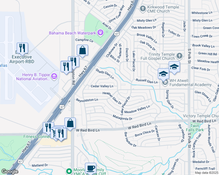 map of restaurants, bars, coffee shops, grocery stores, and more near 2037 Cedar Valley Lane in Dallas