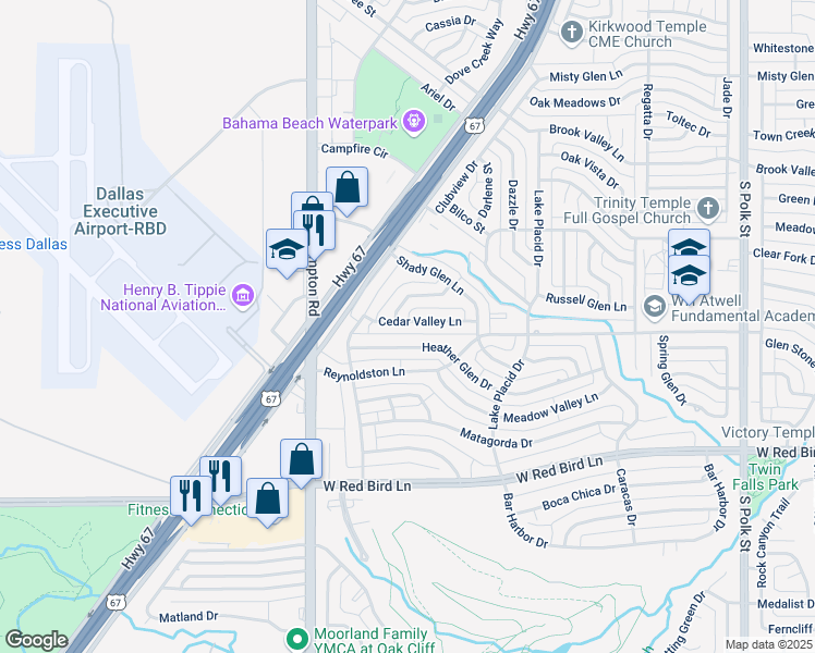 map of restaurants, bars, coffee shops, grocery stores, and more near 2144 Oak Valley Lane in Dallas