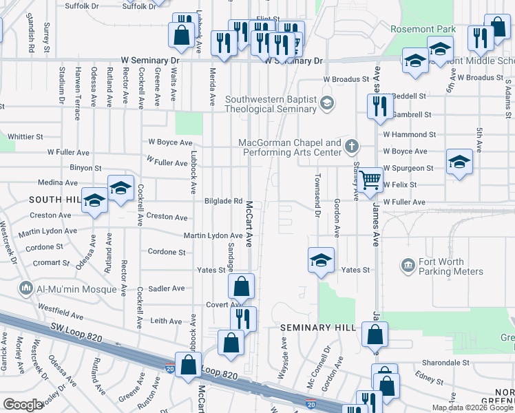 map of restaurants, bars, coffee shops, grocery stores, and more near 4741 McCart Avenue in Fort Worth