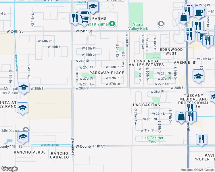 map of restaurants, bars, coffee shops, grocery stores, and more near 3530 West 27th Lane in Yuma