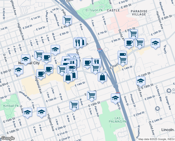 map of restaurants, bars, coffee shops, grocery stores, and more near 1615 East Plaza Boulevard in National City