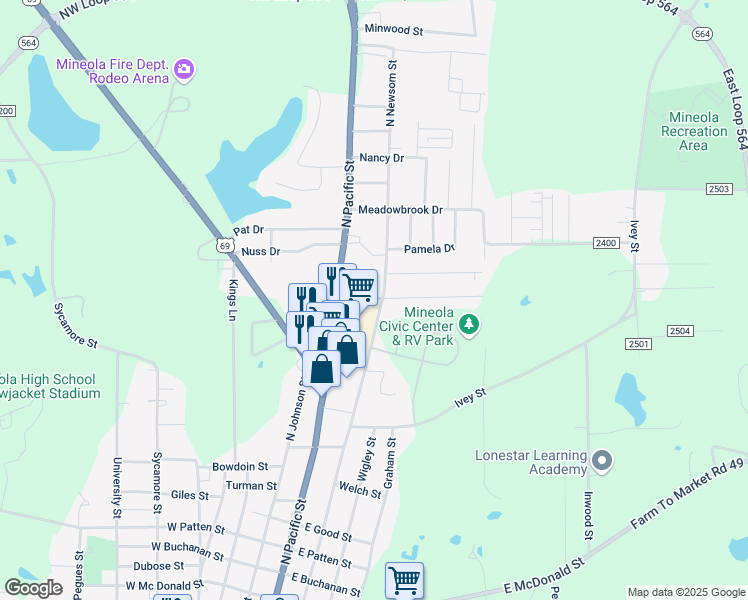 map of restaurants, bars, coffee shops, grocery stores, and more near 134 Molly Lane in Mineola