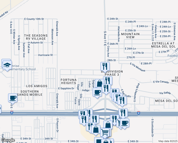 map of restaurants, bars, coffee shops, grocery stores, and more near 10761 East Shale Drive in Yuma