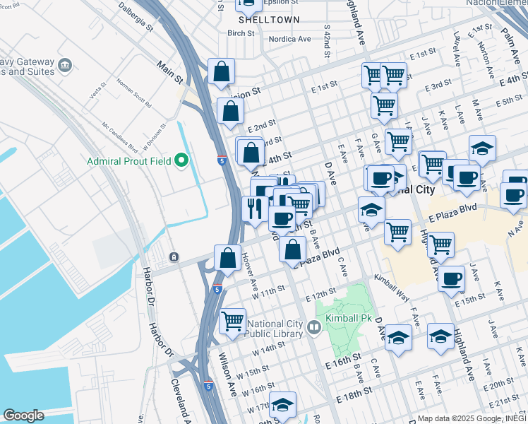 map of restaurants, bars, coffee shops, grocery stores, and more near 630 National City Boulevard in National City
