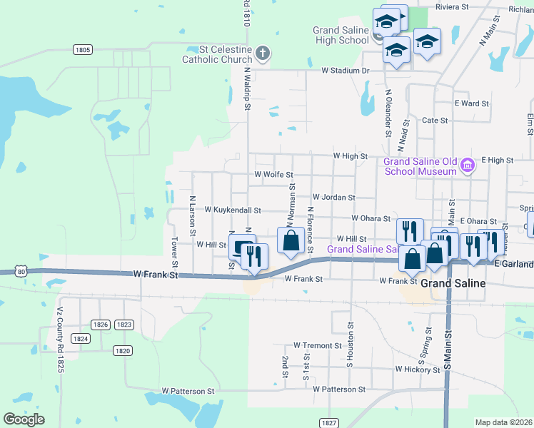 map of restaurants, bars, coffee shops, grocery stores, and more near 1030 West Kuykendall Street in Grand Saline