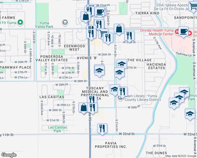 map of restaurants, bars, coffee shops, grocery stores, and more near 2330 West 28th Street in Yuma