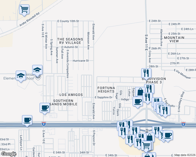 map of restaurants, bars, coffee shops, grocery stores, and more near 10514-10598 East Shale Drive in Yuma
