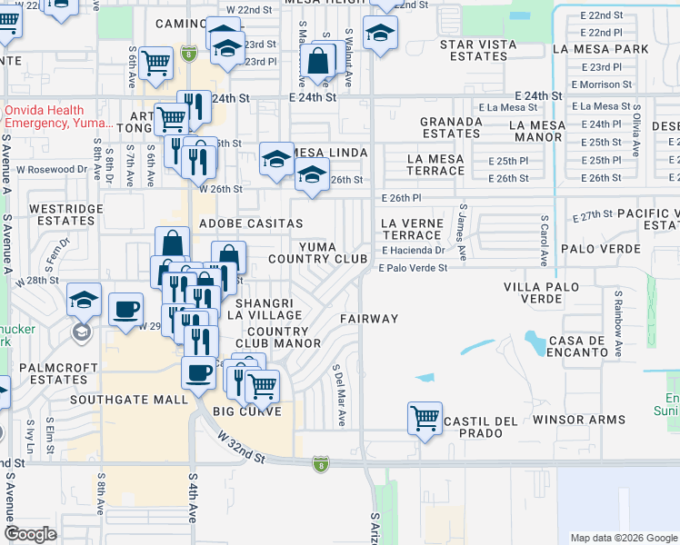 map of restaurants, bars, coffee shops, grocery stores, and more near 2763 South Maple Avenue in Yuma