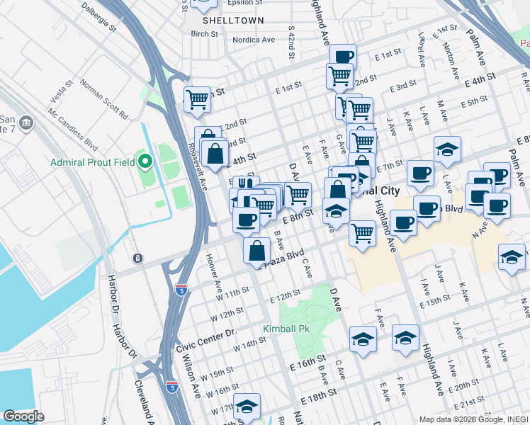 map of restaurants, bars, coffee shops, grocery stores, and more near 203 East 7th Street in National City