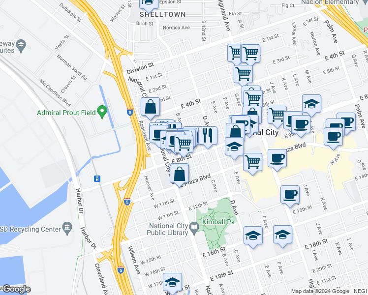 map of restaurants, bars, coffee shops, grocery stores, and more near 203 East 7th Street in National City