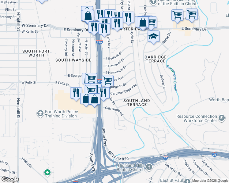 map of restaurants, bars, coffee shops, grocery stores, and more near 904 East Spurgeon Street in Fort Worth
