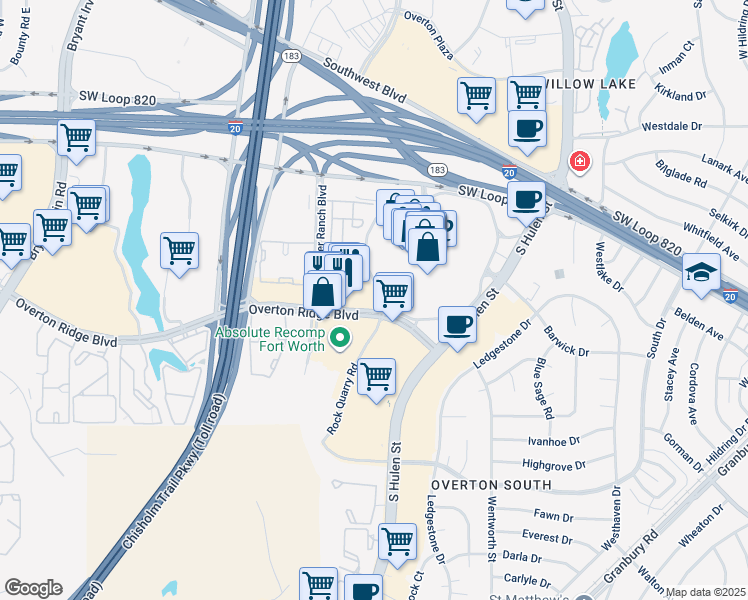 map of restaurants, bars, coffee shops, grocery stores, and more near 4900 Overton Ridge Boulevard in Fort Worth
