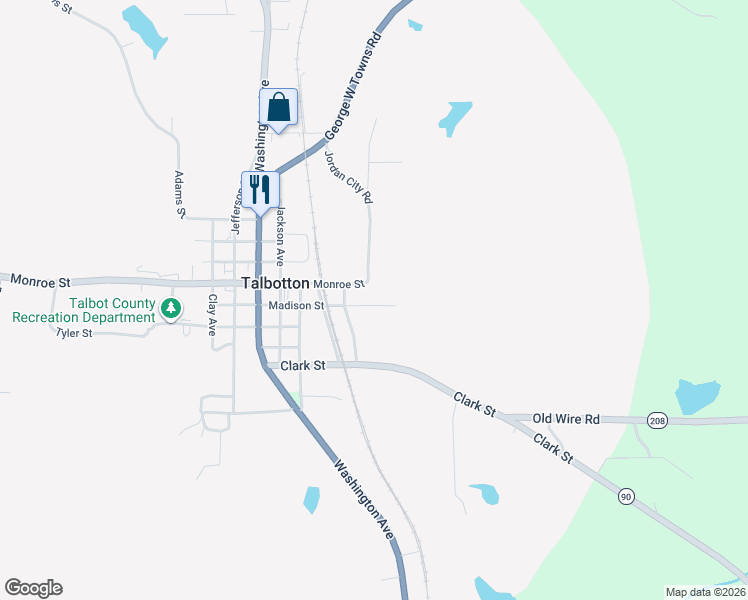 map of restaurants, bars, coffee shops, grocery stores, and more near 11 Jordan City Road in Talbotton