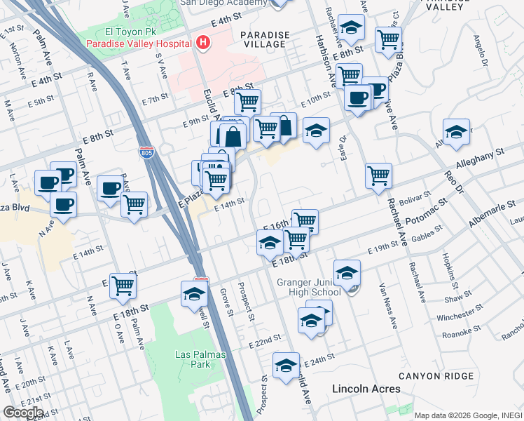 map of restaurants, bars, coffee shops, grocery stores, and more near 1418 Meadow Drive in National City