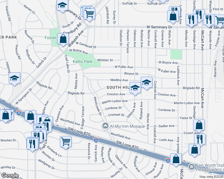 map of restaurants, bars, coffee shops, grocery stores, and more near 3408 Bilglade Road in Fort Worth